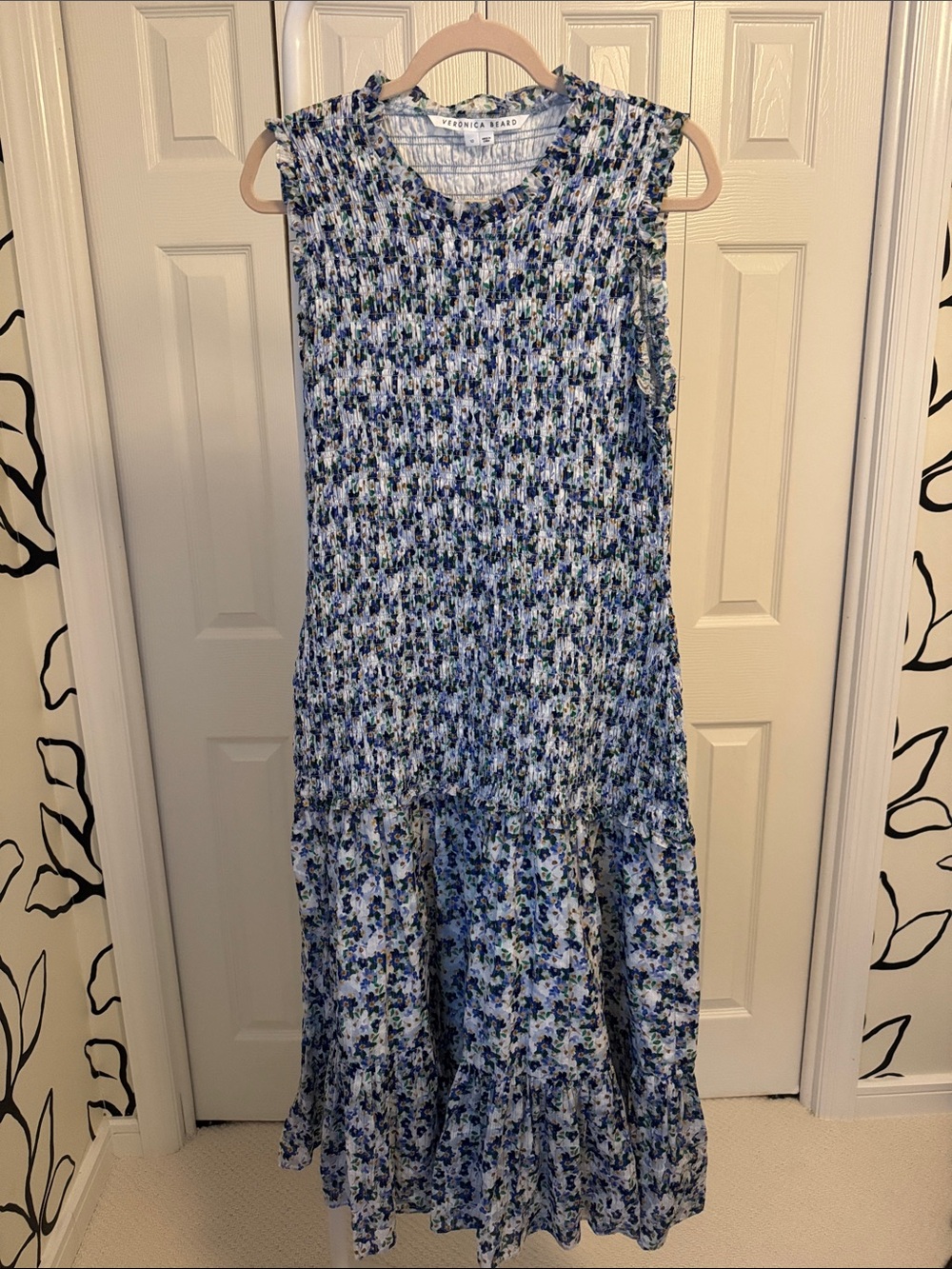 Veronica Beard Blue and White Floral Smocked Midi Dress